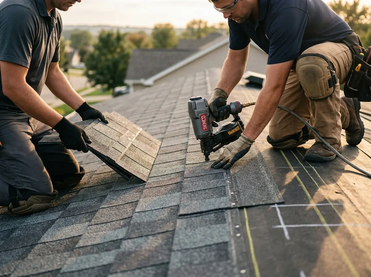 Professional roofer working on a residential roof in Tuttle